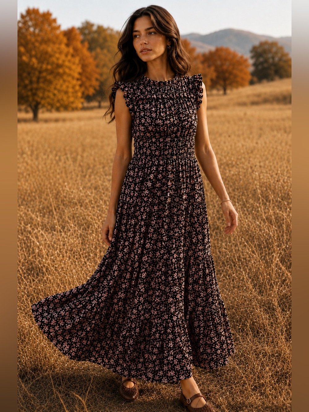 100% Cotton Caroline Constas Brown Floral Maxi Dress - Picture 7 of 7